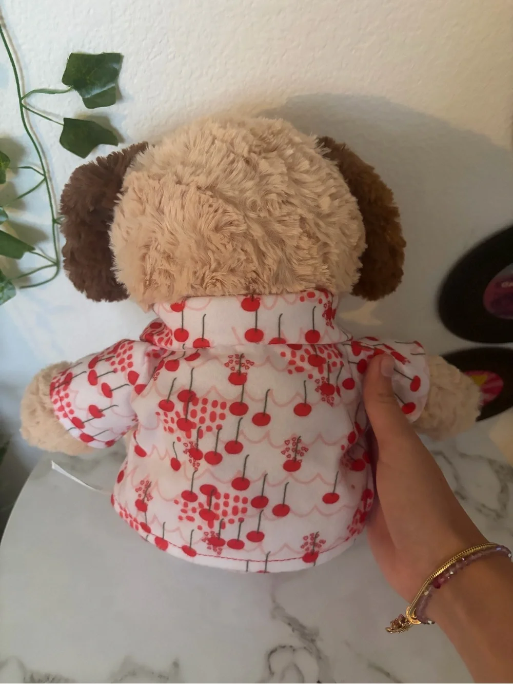 Plush Puppy Toy in Cream and Brown with Cherry Pajama Outfit